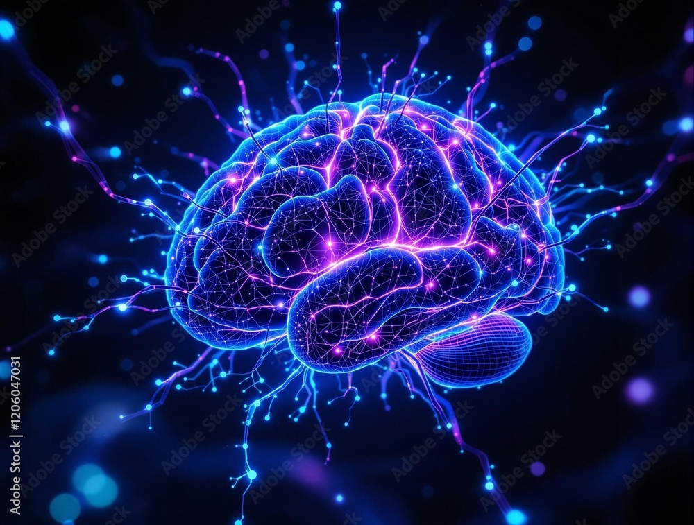 Poster a digital rendering of a brain with a glowing, futuristic appearance. the brain is outlined with neo