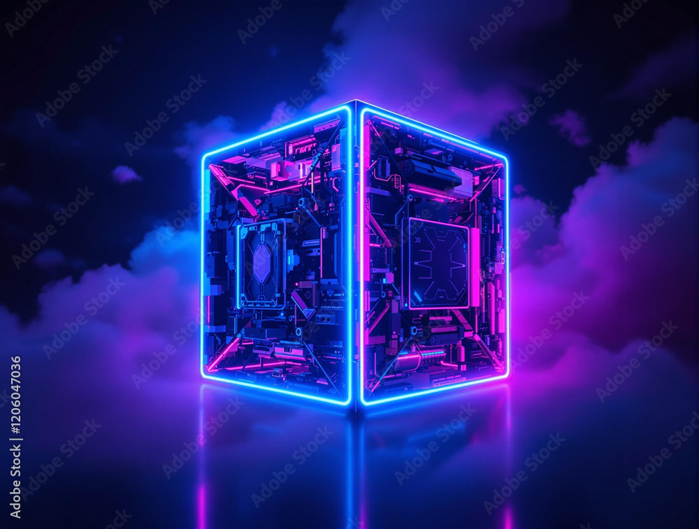 Fototapete a glowing cube floating in a cloudy, neon-lit sky, with vibrant blue and pink lights illuminating its edges. The cube appears to be a representation of advanced technology or a digital entity, suggest