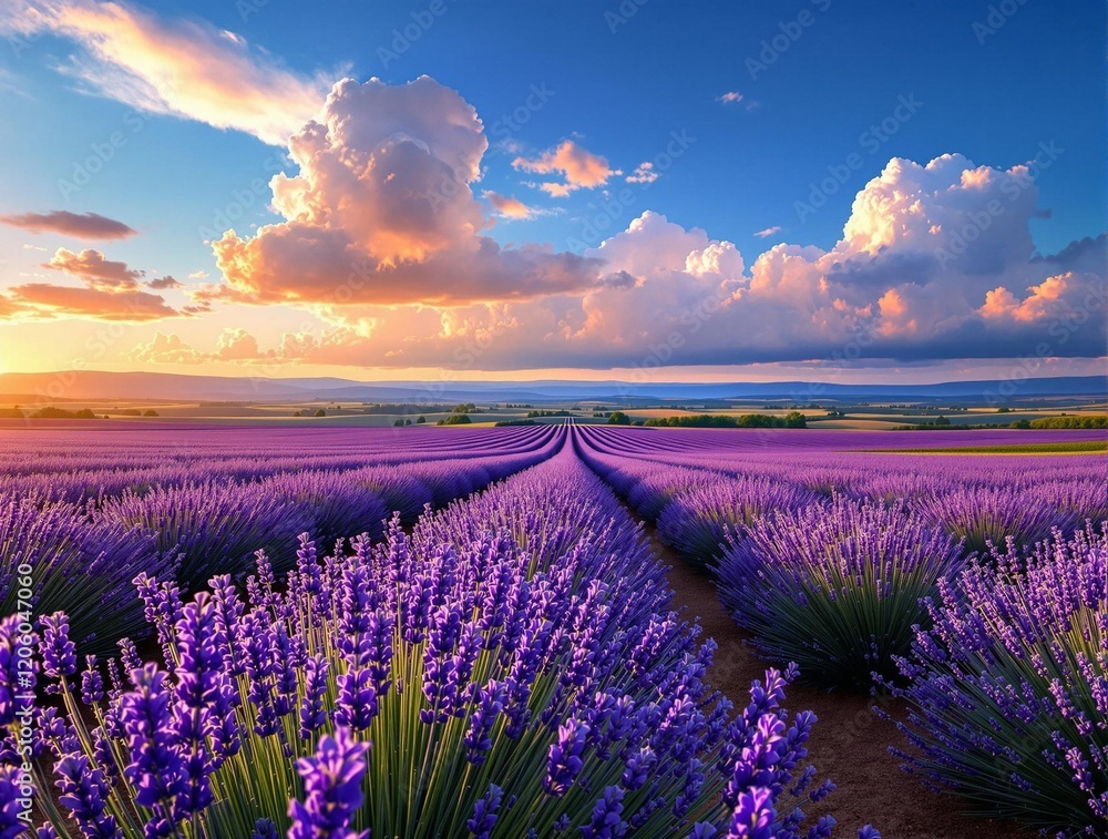 Aufkleber a beautiful lavender field under a cloudy sky, with the sun setting in the background, casting a war