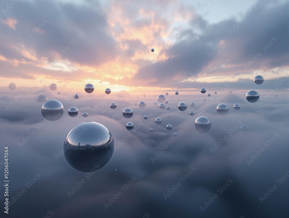Poster a surreal scene with large, reflective glass orbs floating above a cloudy landscape during a vibrant