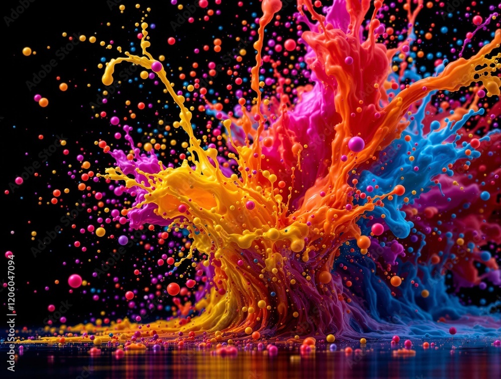 Poster a vibrant and dynamic scene with a colorful splash of paint against a black background. the colors i