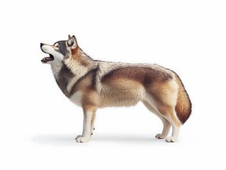 A majestic wolf standing tall as it howls, its fur rippling in the air against the stark white surface