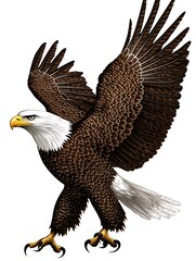 Obraz premium A mighty eagle with outstretched wings, feathers spread wide, flying high against the stark contrast of a white background, embodying majesty and freedom