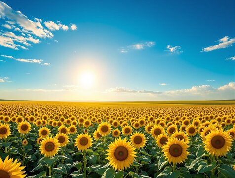 a sunflower field with vibrant yellow flowers and a clear blue sky with a bright sun shining.
