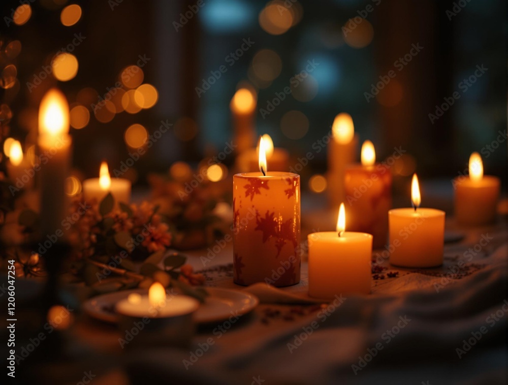 Poster a festive table setting with lit candles, flowers, and a tablecloth. The background features a warm, bokeh effect with soft lighting.