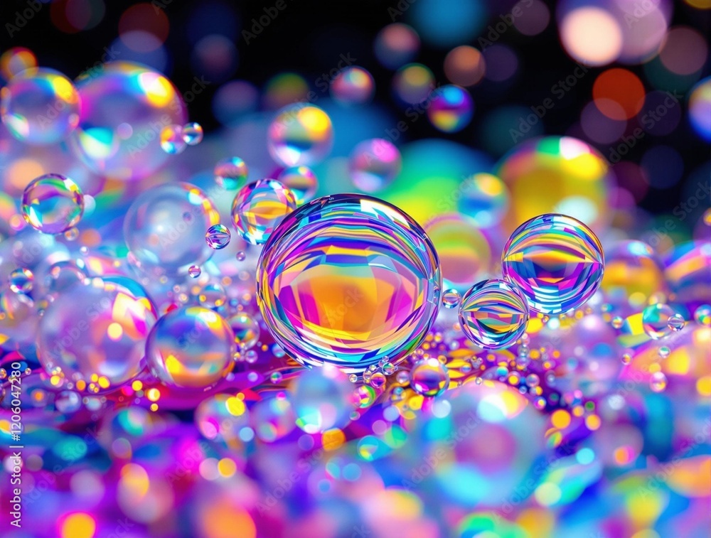 Poster a close-up shot of colorful, iridescent soap bubbles on a dark, speckled surface. The bubbles vary in size and are scattered across the scene, creating a vibrant and playful visual effect.