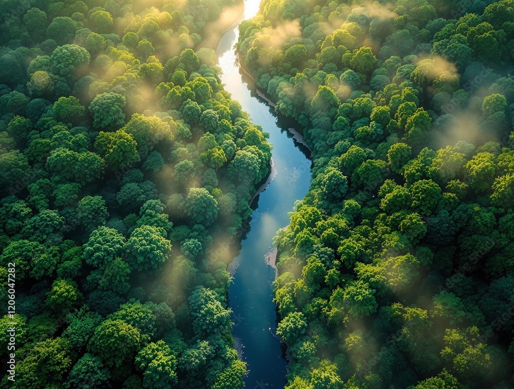 Poster a river winding through a dense, lush forest, with mist or fog partially obscuring the trees. the ri