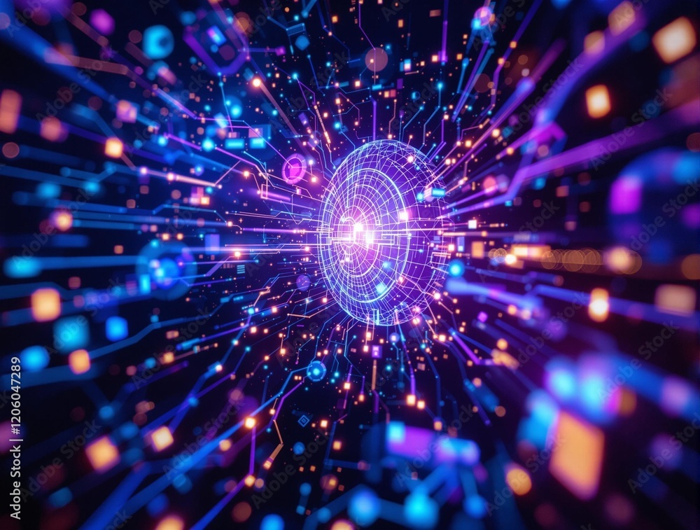 Aufkleber a vibrant 3D rendering of a futuristic scene with a glowing circular structure at the center, surrounded by colorful, dynamic lights and geometric shapes. The background is dark, emphasizing the brigh