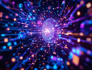 Fototapeta premium a vibrant 3D rendering of a futuristic scene with a glowing circular structure at the center, surrounded by colorful, dynamic lights and geometric shapes. The background is dark, emphasizing the brigh