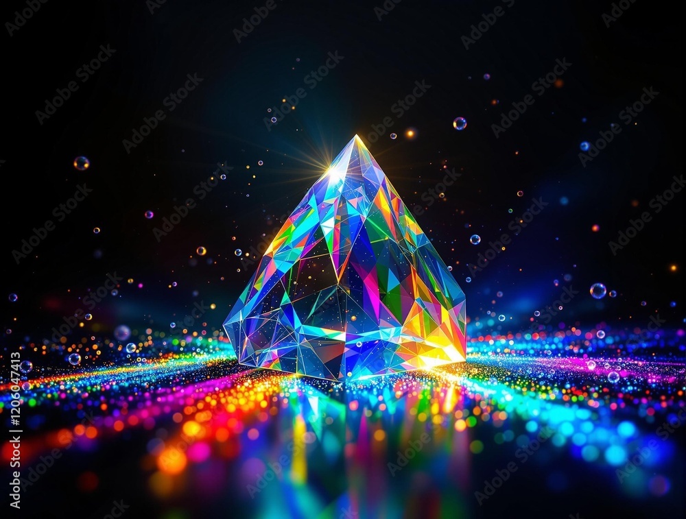 Aufkleber a 3D rendering of a colorful, geometric object resembling a pyramid, with a glowing and reflective surface, set against a dark background with rainbow-colored lights and bokeh effects.
