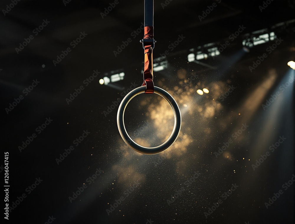 Poster a gym environment with a gymnast performing on a ring. there are lights illuminating the area, creat