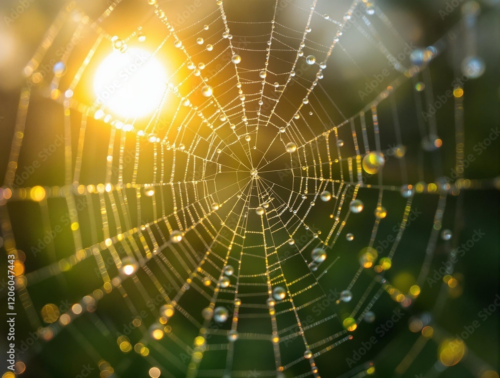 Aufkleber a spider web with dew drops against a blurred background of greenery and a bright light source, like