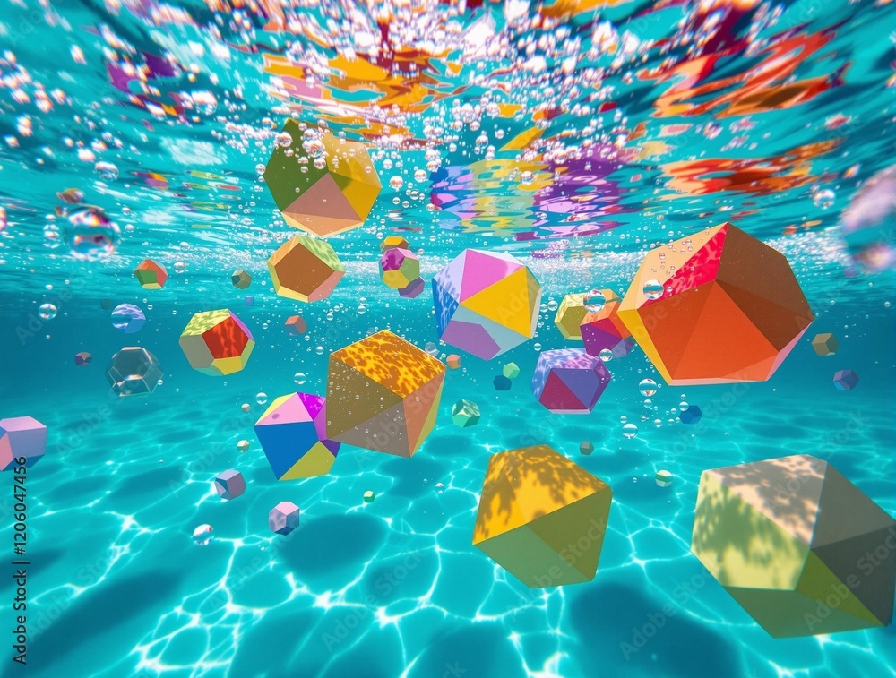 Poster colorful array of geometric shapes, including cubes and pyramids, floating underwater in a clear blu