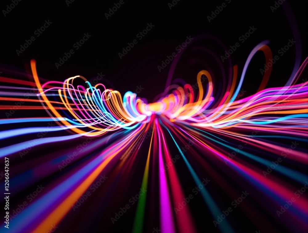 Leinwandbilder a vibrant, abstract light trail effect on a black background. the light trails are in various colors
