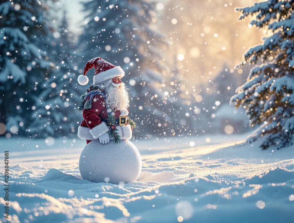 Poster a red hat and scarf stands in a snowy landscape with evergreen trees and falling snow in the backgro