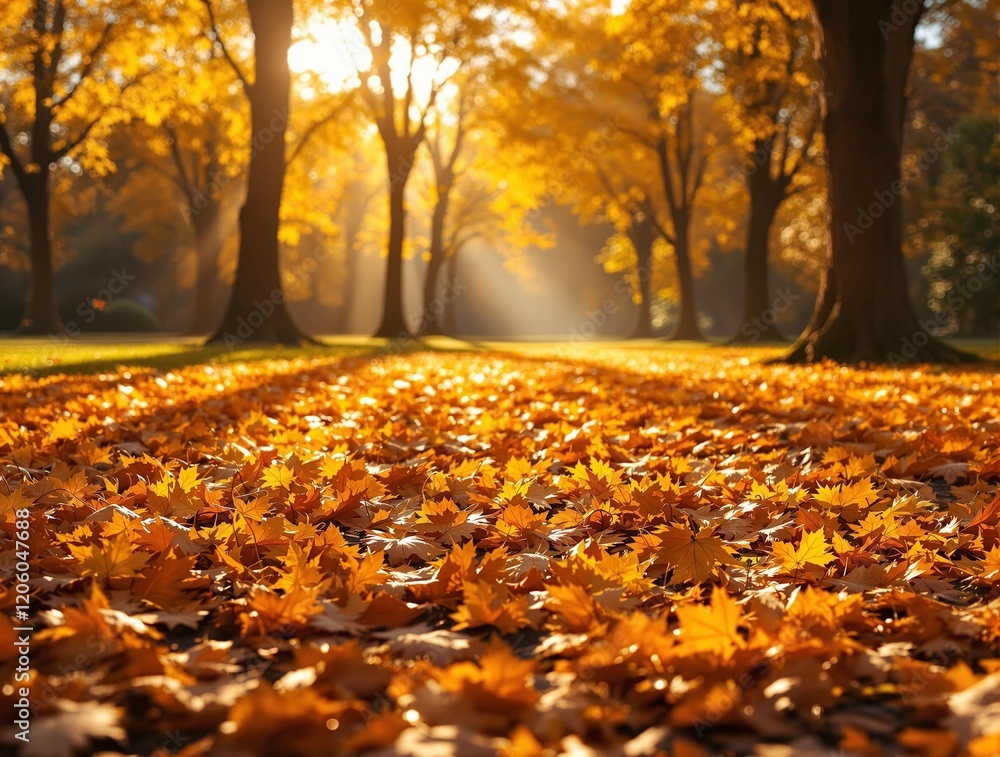 Poster a serene autumn scene with a carpet of fallen leaves blanketing the ground in a park. the sunlight f