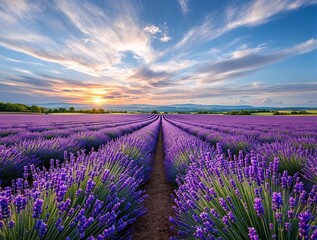 a vibrant purple lavender field with rows of flowers stretching into the distance. The sky above is filled with dramatic, colorful clouds, suggesting a beautiful sunset or sunrise.
