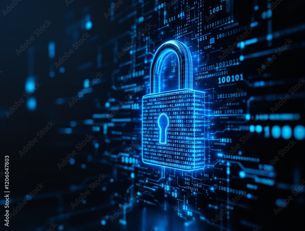 Poster a digital illustration of a padlock, which is a symbol of security and protection. The padlock is depicted in a glowing blue color, surrounded by binary code, suggesting a connection to digital securi