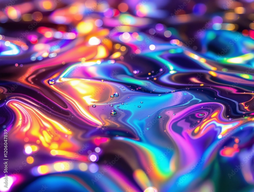 Poster a vibrant, iridescent liquid surface with a wavy, distorted appearance, reflecting various colors in