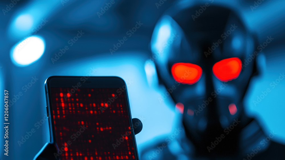 Poster a futuristic robot with glowing red eyes holds a smartphone displaying digital data in a blue-lit en