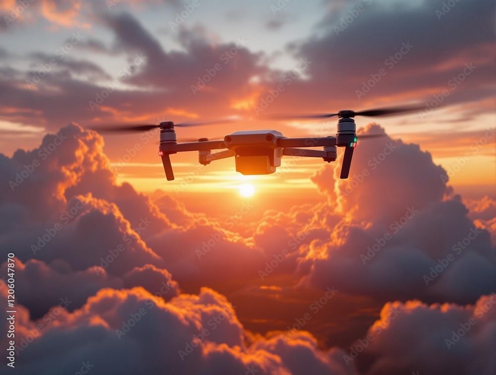 Poster a drone flying over a cloudy sky during sunset. The drone has a camera mounted on its underside and is equipped with propellers.