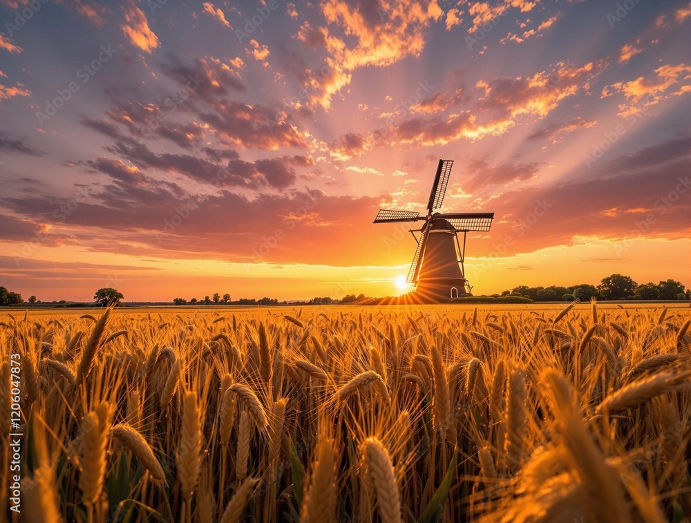 Poster a picturesque scene at sunset with a windmill standing in a field of golden wheat, bathed in the war