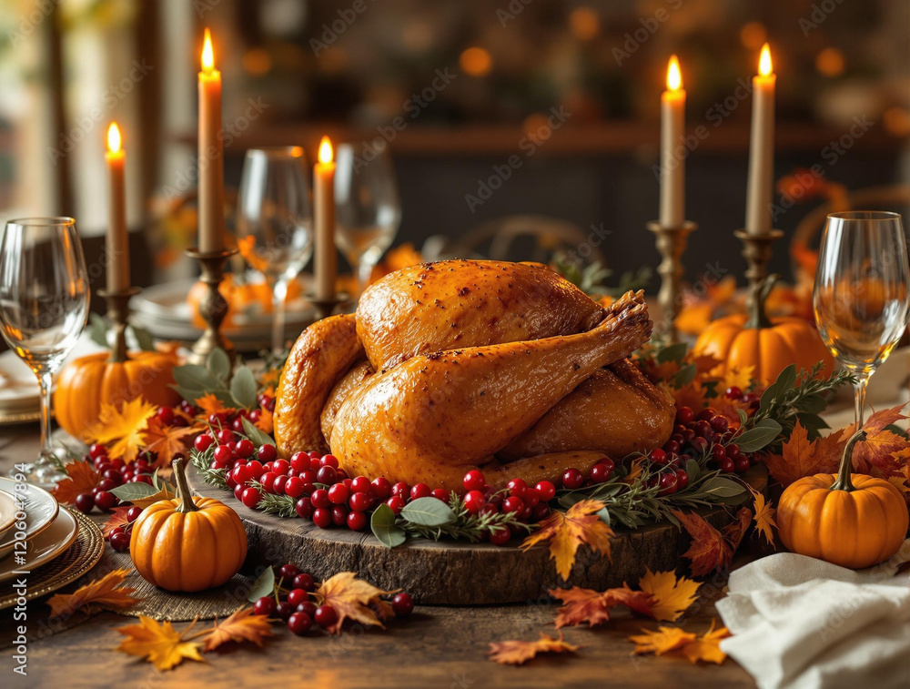 Poster a festive table setting with a roasted turkey, surrounded by decorative elements such as pumpkins, b