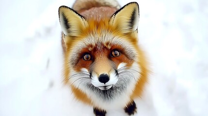 Obraz premium A playful yet intense close-up of a red fox, its amber eyes captivating as it stares forward on a pure white background