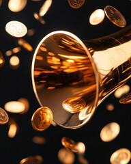 Close-up of falling coins with a shiny golden musical instrument and blurred background