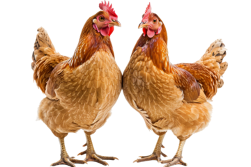 Two chickens standing next to each other with their heads together