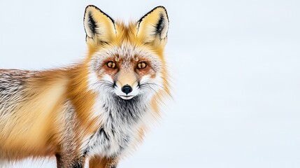 Obraz premium A playful yet intense close-up of a red fox, its amber eyes captivating as it stares forward on a pure white background