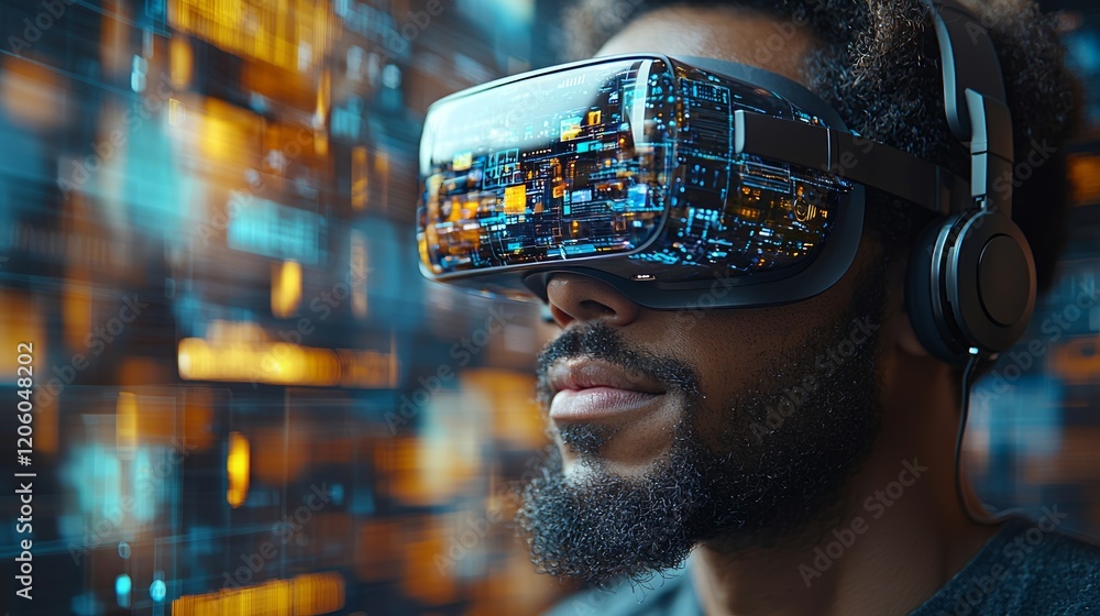Poster man in vr headset, exploring digital world, data background. tech demo, website use