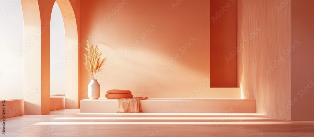 Poster gradient from soft beige to deep coral, warm tones creating an inviting atmosphere, soft lighting cr