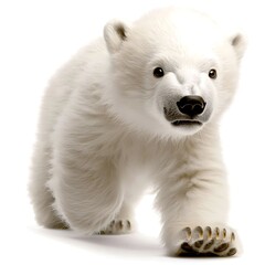 Fototapeta premium A polar bear cub walking towards the camera, its round eyes and fluffy coat sharply defined against the blank white backdrop