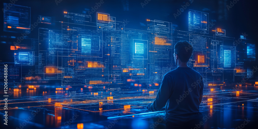 Poster innovative blockchain research platform with futuristic digital interface