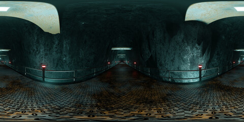 360-Degree View VR Underground Tunnel With, Fog, Illumination Lamps and Creepy Atmosphere in Industrial Style 3d Illustration
