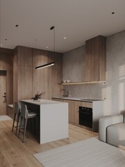 Modern loft style  kitchen interior. 3d rendering design concept. Contemporary kitchen interior with grey and white furniture. Design and lifestyle concept. 3D Rendering
