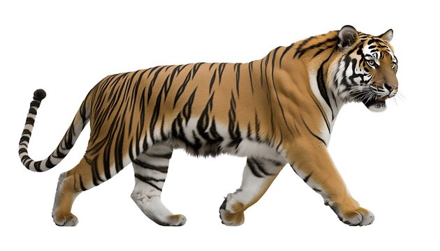 A powerful tiger walking proudly, its posture exuding confidence, set against the simplicity of a white backdrop