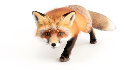 A red fox with a curious demeanor captured in sharp focus, its bright fur and intense gaze contrasting against the white background