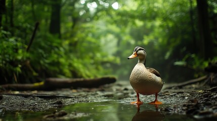 Close-Up of a Duck in a Forest Clearing on a Misty Morning