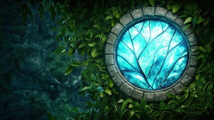 Enchanting Stained Glass Window Framed by Lush Greenery in Nature