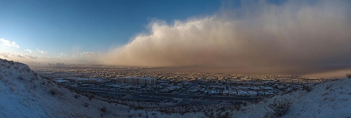 Dramatic Dust Storm Over Snow Covered Cityscape Scenic Winter View