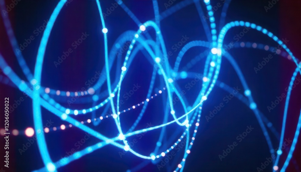 Poster abstract glowing blue lines and white dots swirling dynamically on dark background