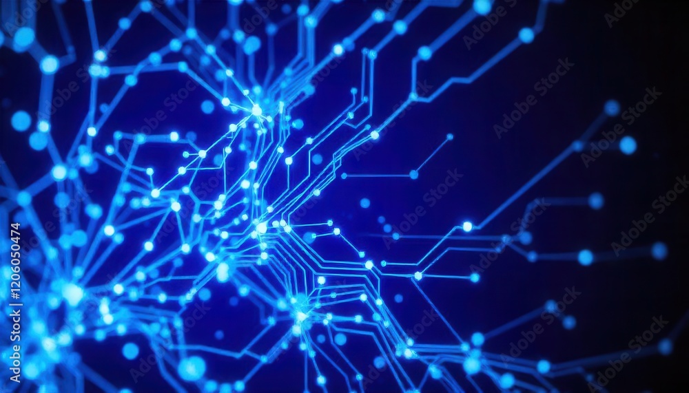 Poster abstract glowing blue network: intricate lines and nodes representing connectivity and technological
