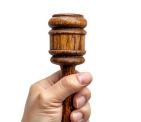 Justice in action hand holding gavel against legal concept studio environment focused viewpoint isolated on transparent background