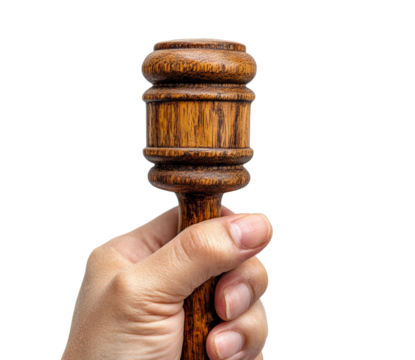 Justice in action hand holding gavel against legal concept studio environment focused viewpoint isolated on transparent background