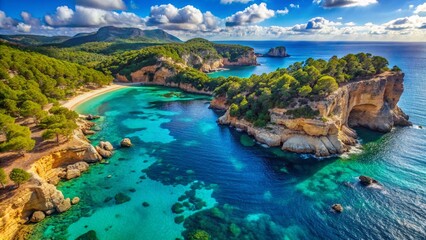 Ibiza Coastal Cliffs: Idyllic Drone View of Balearic Island's Wooden Coastline