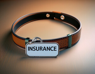 A pet collar with a tag that reads "insurance," indicating protection and care for pets through pet insurance plans.
