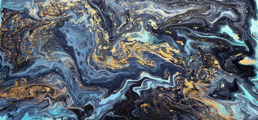 Abstract Marble art painting in blue shades with golden splashes.