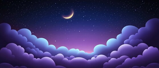 Dreamlike Night Sky Above Purple Clouds Crescent Moon Starscape